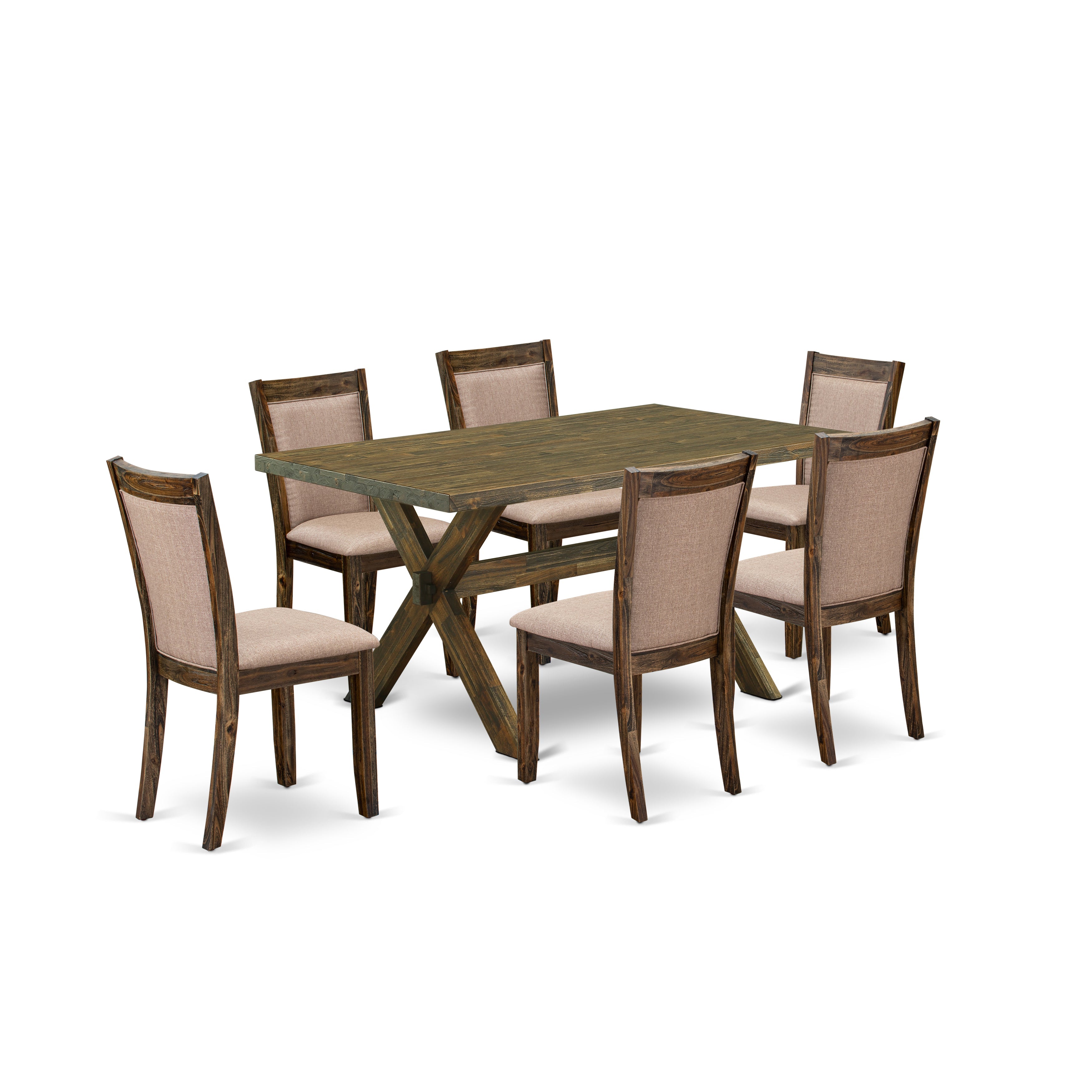 East West Furniture X776MZ716-7 7 Piece Modern Dining Room Set - A Distressed Jacobean Top Wooden Table with Trestle Base and 6 Dark Khaki Linen Fabric Parson Chairs - Distressed Jacobean Finish