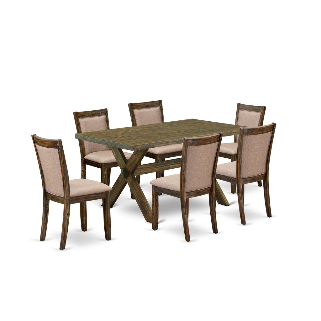 Juego de comedor de 7 piezas East West Furniture X776MZ716-7 compuesto por una mesa de comedor rectangular con patas en forma de X y 6 sillas Parson tapizadas en tela de lino color caqui oscuro.