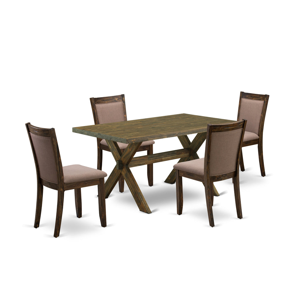East West Furniture X776MZ748-5 5 Piece Dining Set Includes a Rectangle Dining Room Table with X-Legs and 4 Coffee Linen Fabric Upholstered Parson Chairs, 36x60 Inch, Multi-Color