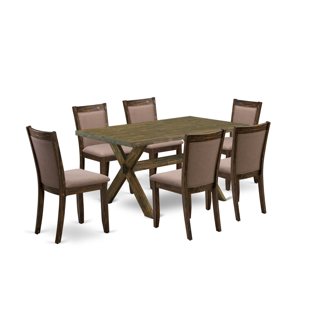 Juego de mesa de cocina de 7 piezas East West Furniture X776MZ748-7 compuesto por una mesa de comedor rectangular con patas en forma de X y 6 sillas de comedor Parson de tela de lino color café.