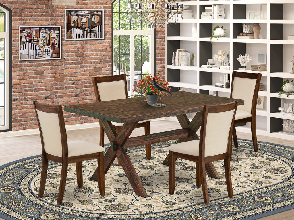 East West Furniture X776MZN32-5 5 Piece Dining Set Includes a Rectangle Dining Room Table with X-Legs and 4 Light Beige Linen Fabric Upholstered Parson Chairs, 36x60 Inch, Multi-Color