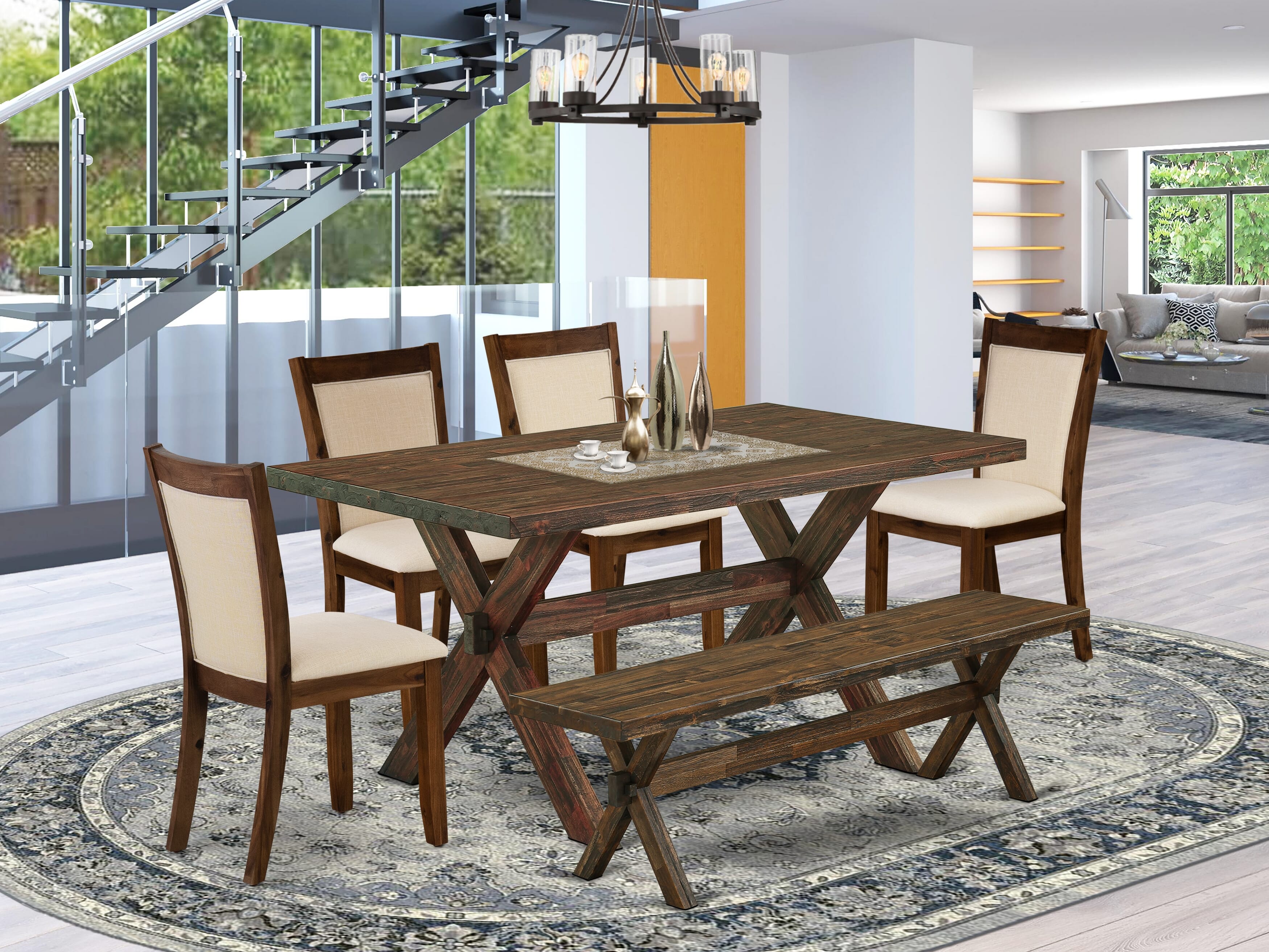 East West Furniture X776MZN32-6 6-Piece Dining Room Set Consists of a Rectangular Table and a Wooden Bench with 4 Light Beige Linen Fabric Dinner Chairs with Stylish Back - Distressed Jacobean Finish