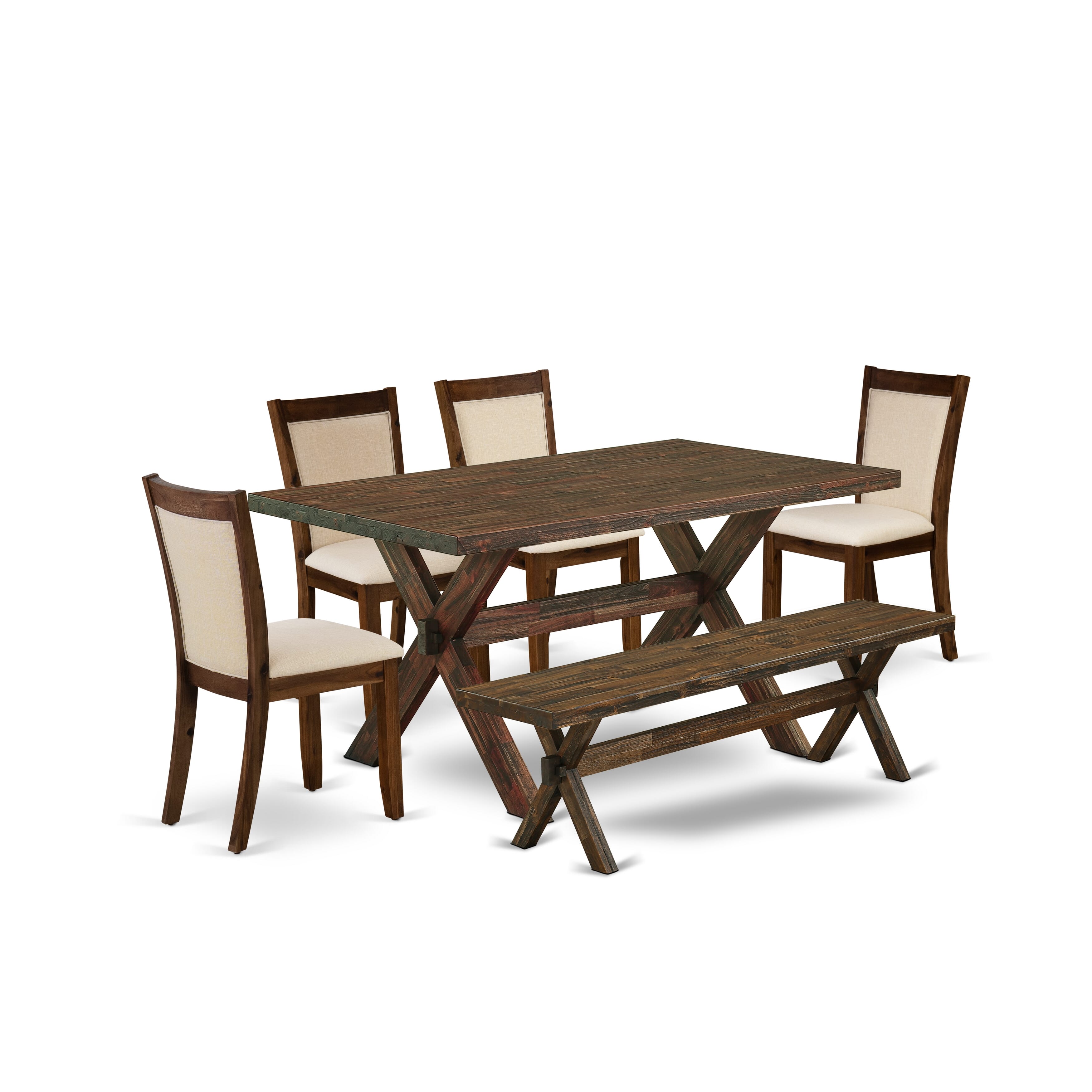 East West Furniture X776MZN32-6 6-Piece Dining Room Set Consists of a Rectangular Table and a Wooden Bench with 4 Light Beige Linen Fabric Dinner Chairs with Stylish Back - Distressed Jacobean Finish