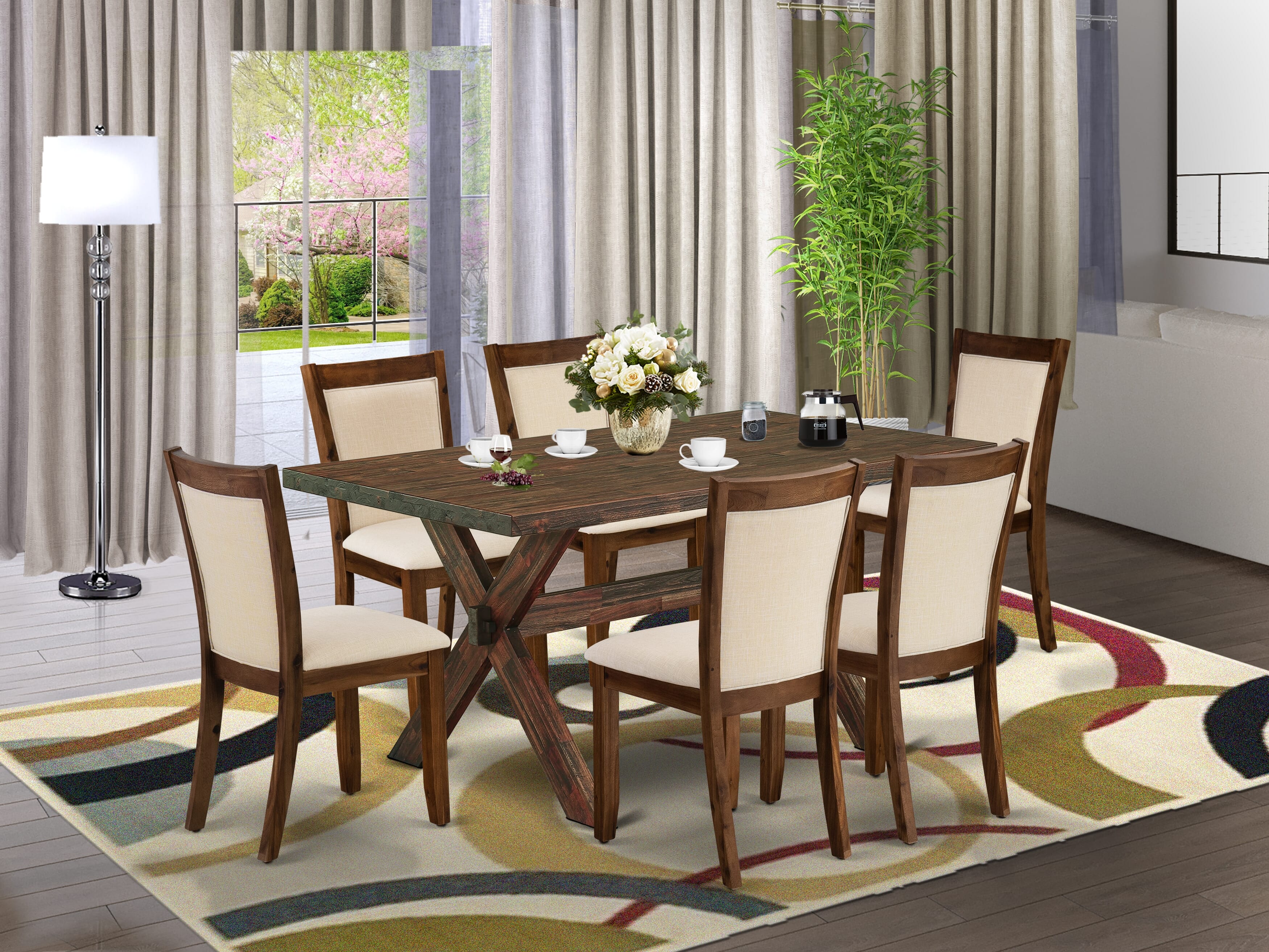 East West Furniture X776MZN32-7 7-Pc Kitchen Table Set Contains a Mid Century Table and 6 Light Beige Linen Fabric Parsons Chairs with Stylish Back - Distressed Jacobean Finish