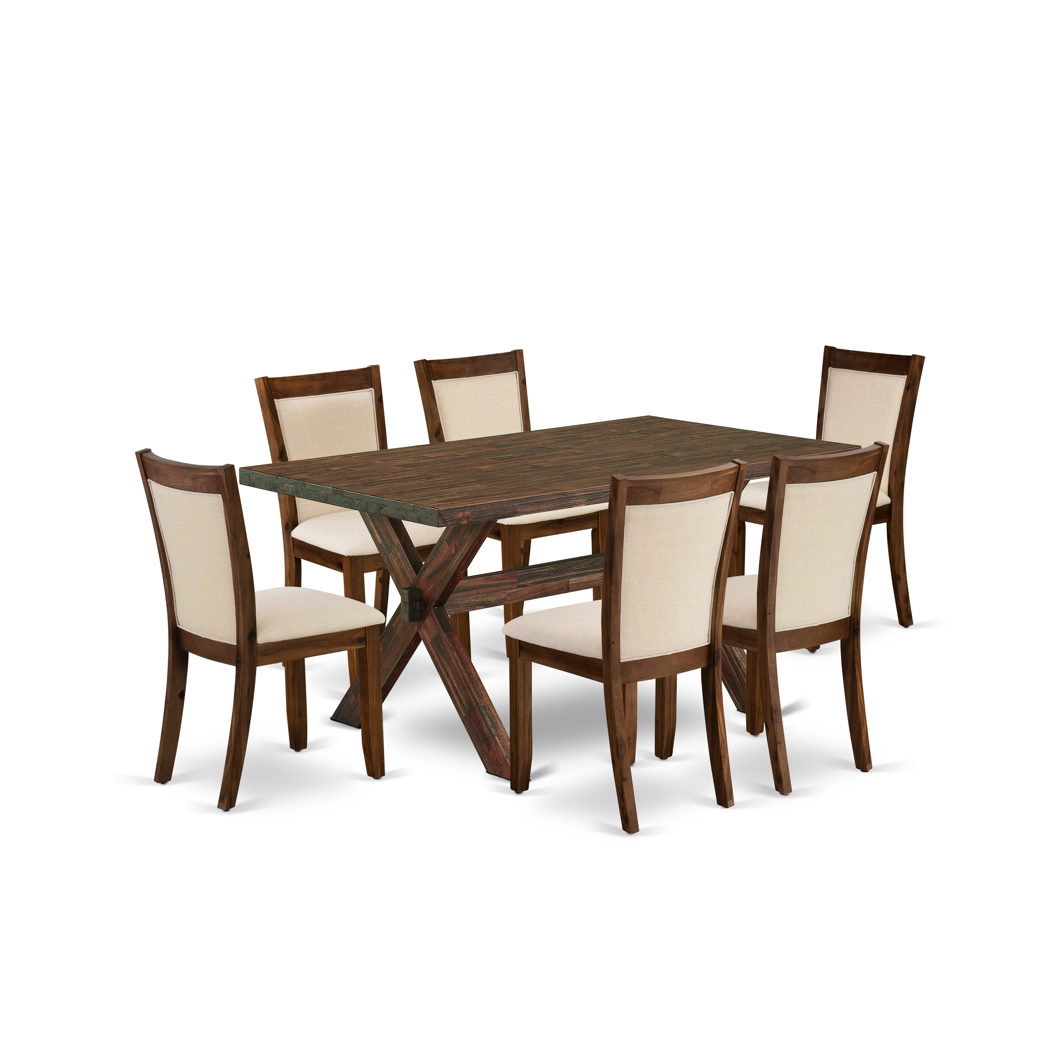East West Furniture X776MZN32-7 7-Pc Kitchen Table Set Contains a Mid Century Table and 6 Light Beige Linen Fabric Parsons Chairs with Stylish Back - Distressed Jacobean Finish