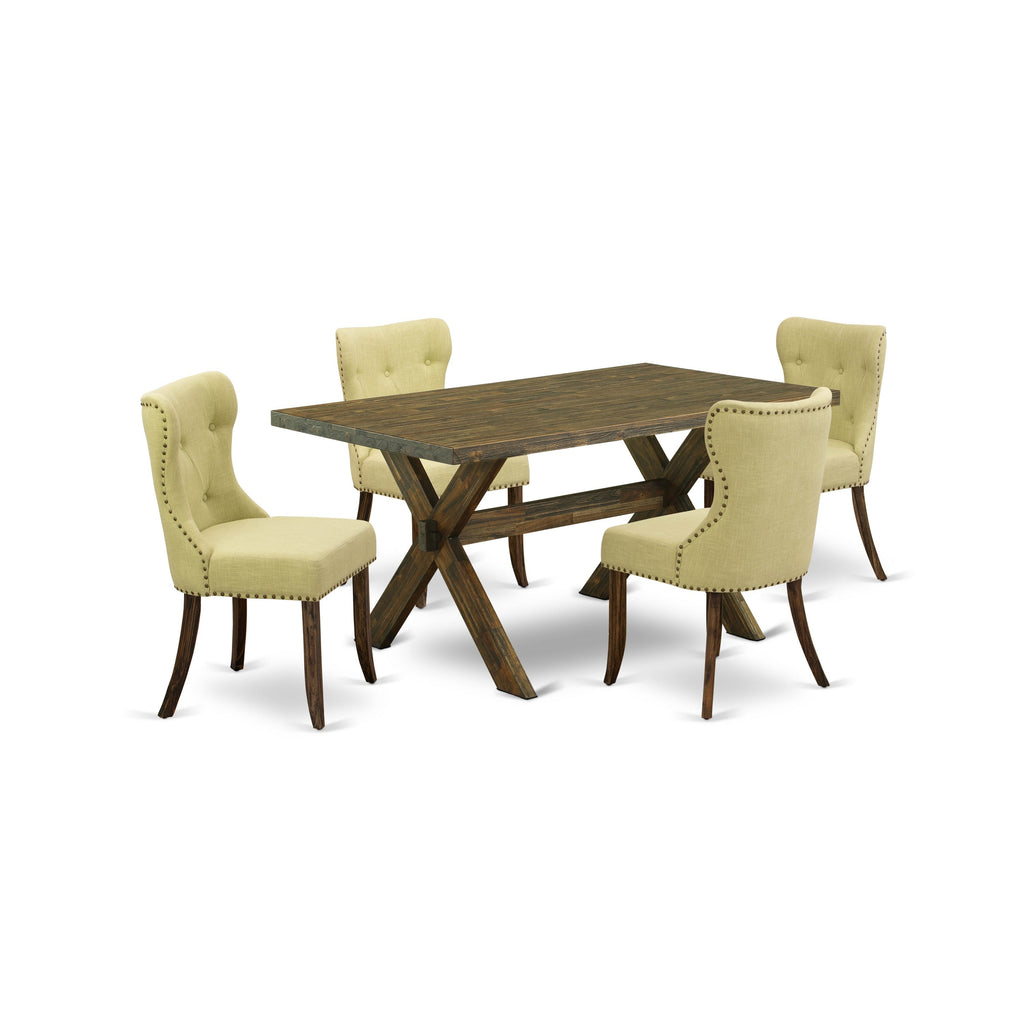 East West Furniture X776SI737-5 5-Pc Dining Room Set- 4 Parson Dining Chairs with Limelight Linen Fabric Seat and Button Tufted Chair Back - Rectangular Table (Distressed Jacobean Finish)