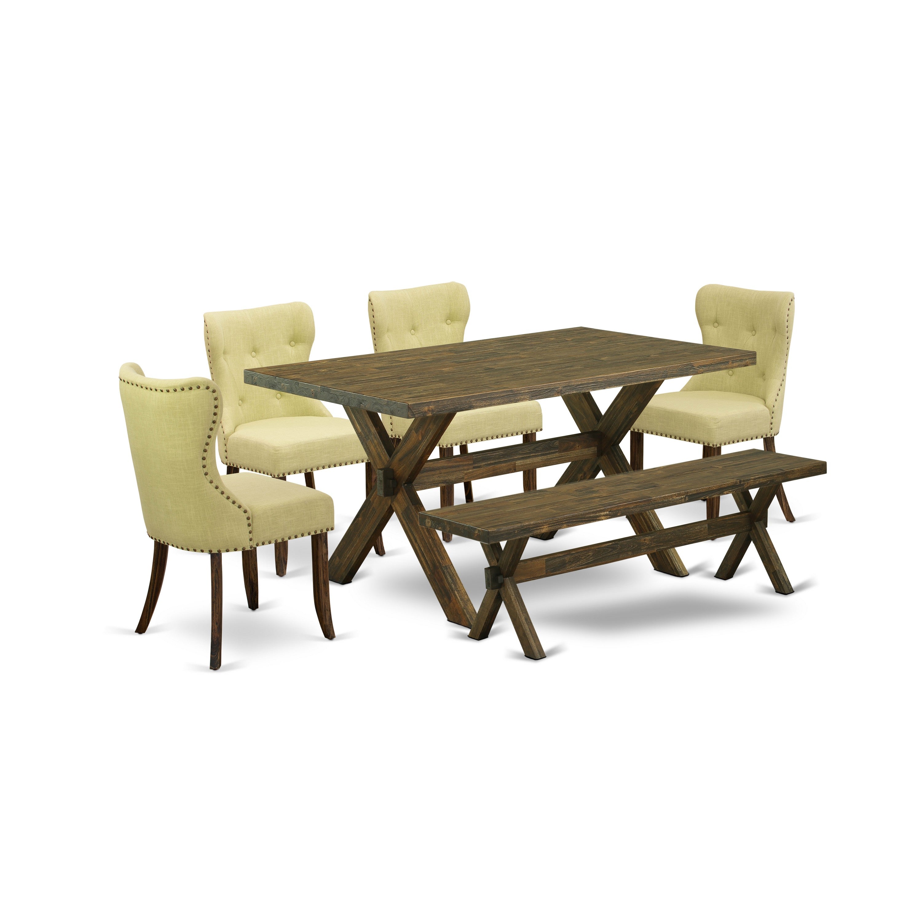 East West Furniture X776SI737-6 6-Piece Dinette Set- 4 Mineral Blue Linen Fabric Parson Chairs with Button Tufted Back - A Dining Table and 1 Dining Bench (Distressed Jacobean Finish)