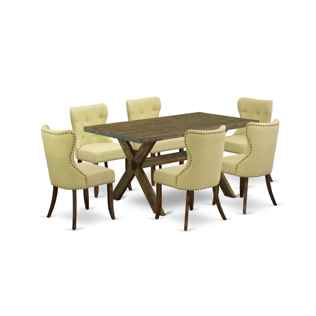 East West Furniture X776SI737-7 7 Piece Dining Set Consist of a Rectangle Dining Room Table with X-Legs and 6 Limelight Linen Fabric Upholstered Parson Chairs, 36x60 Inch, Multi-Color