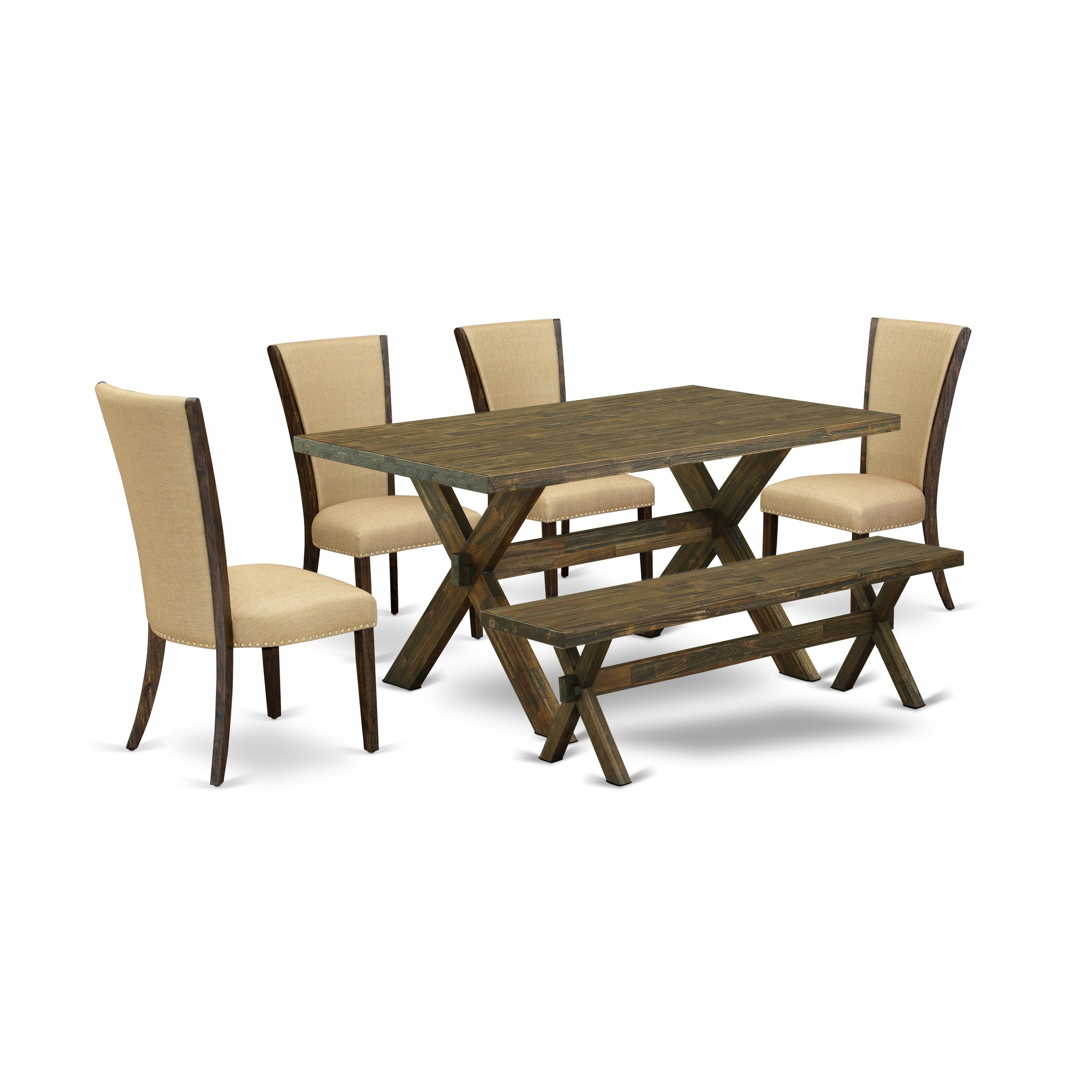 Juego de mesa de comedor moderna de 6 piezas East West Furniture X776VE703-6. Contiene una mesa rectangular de madera con patas en forma de X y 4 sillas Parson de tela de lino marrón con un banco.