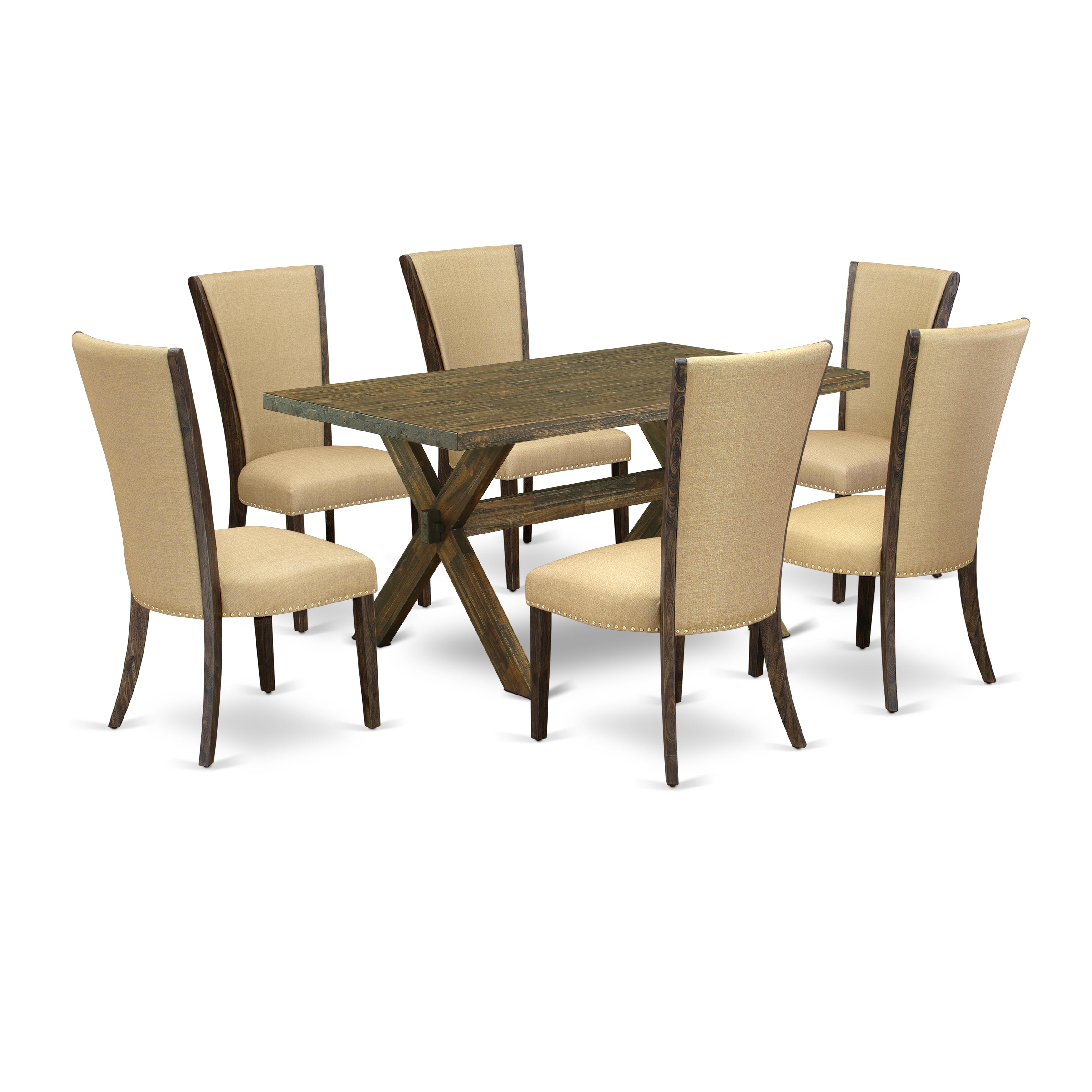 Juego de mesa de cocina de 7 piezas East West Furniture X776VE703-7 compuesto por una mesa de comedor rectangular con patas en forma de X y 6 sillas de comedor Parson de tela de lino marrón.