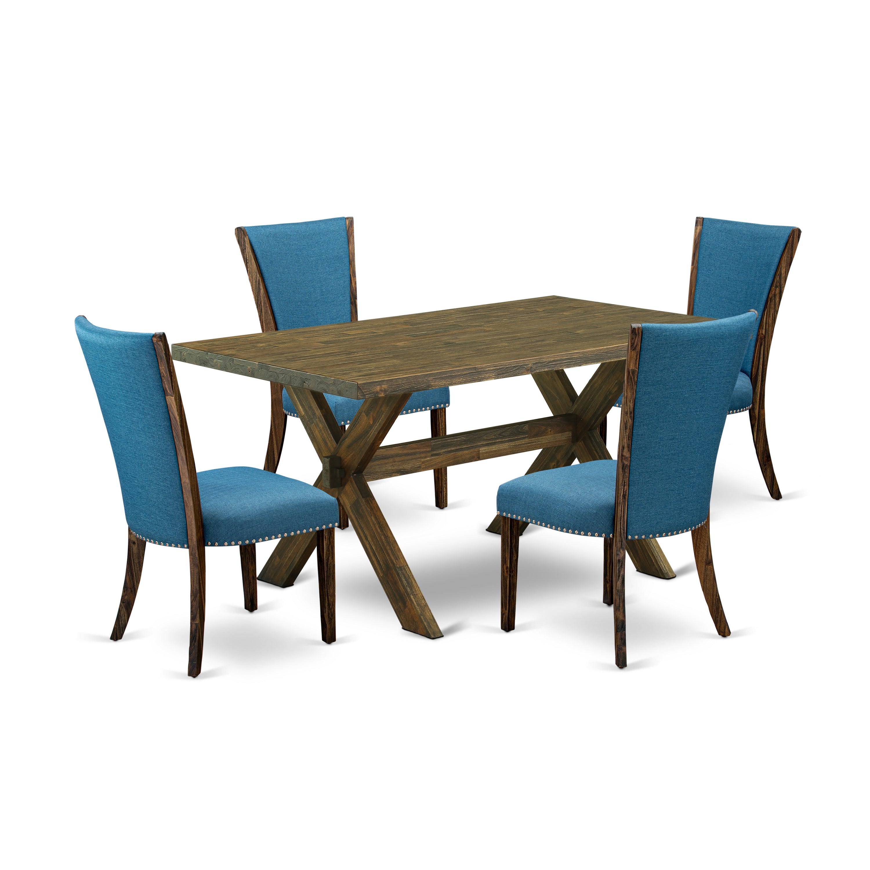 Juego de mesa de comedor East West Furniture X776VE721-5 de 5 piezas para 4 personas. Incluye una mesa de cocina rectangular con patas en forma de X y 4 sillas de comedor Parsons de tela de lino de color azul.
