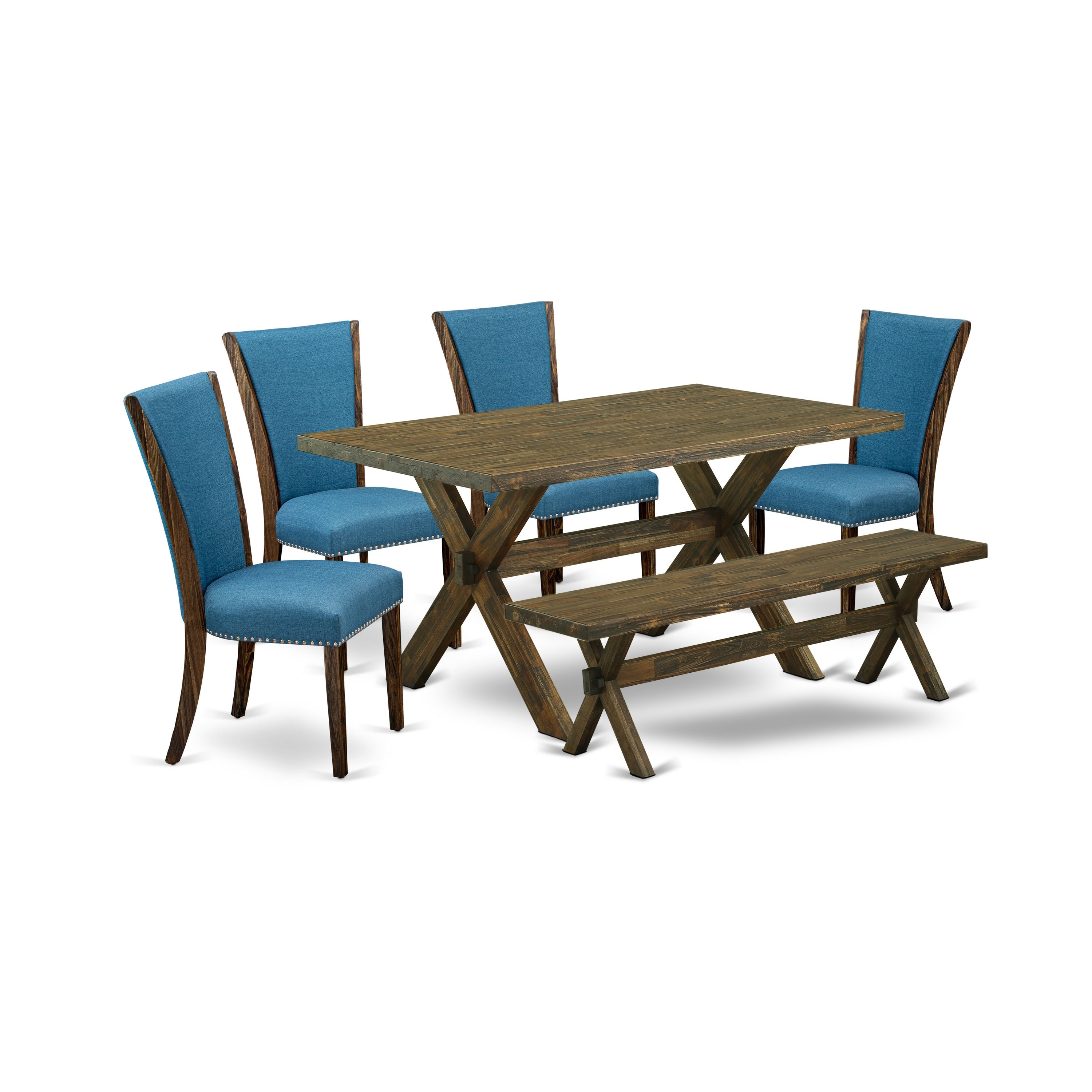 East West Furniture X776VE721-6 6 Piece Dining Room Set - 4 Blue Linen Fabric Dining Chairs with Nailheads and Distressed Jacobean Wooden Table - 1 Modern Bench - Distressed Jacobean Finish
