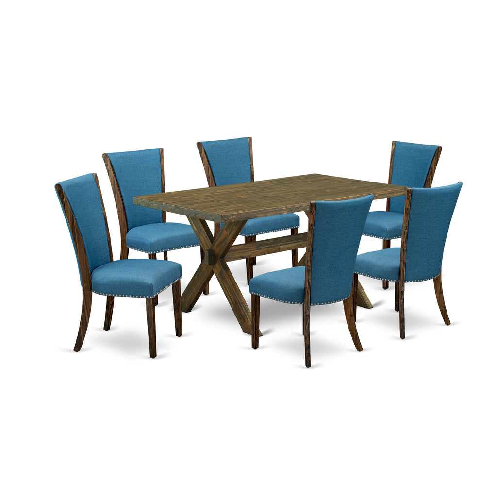 East West Furniture X776VE721-7 7 Piece Kitchen Table Set Consist of a Rectangle Dining Table with X-Legs and 6 Blue Color Linen Fabric Parson Dining Chairs