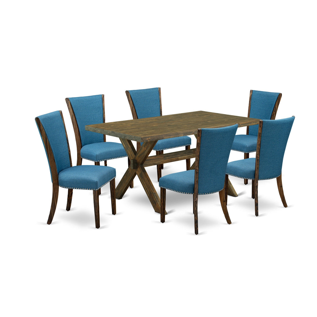 East West Furniture X776VE721-7 7 Piece Kitchen Table Set Consist of a Rectangle Dining Table with X-Legs and 6 Blue Color Linen Fabric Parson Dining Chairs, 36x60 Inch, Multi-Color