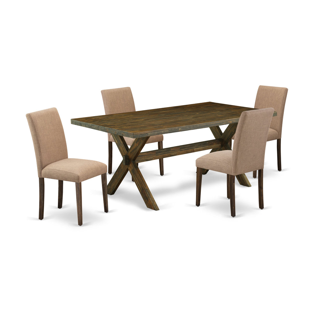Juego de mesa de comedor de 5 piezas East West Furniture X777AB747-5 para 4 personas. Incluye una mesa de cocina rectangular con patas en forma de X y 4 sillas de comedor Parsons de tela de lino color sable claro.