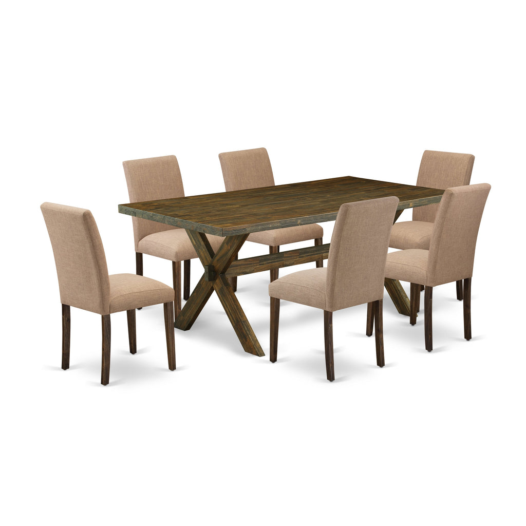 East West Furniture X777AB747-7 7 Piece Dining Room Furniture Set Consist of a Rectangle Dining Table with X-Legs and 6 Light Sable Linen Fabric Parsons Chairs, 40x72 Inch, Multi-Color