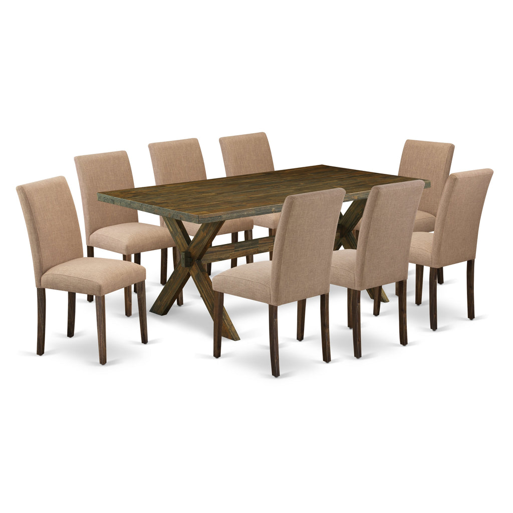 East West Furniture X777AB747-9 9 Piece Dining Room Furniture Set Includes a Rectangle Dining Table with X-Legs and 8 Light Sable Linen Fabric Upholstered Chairs