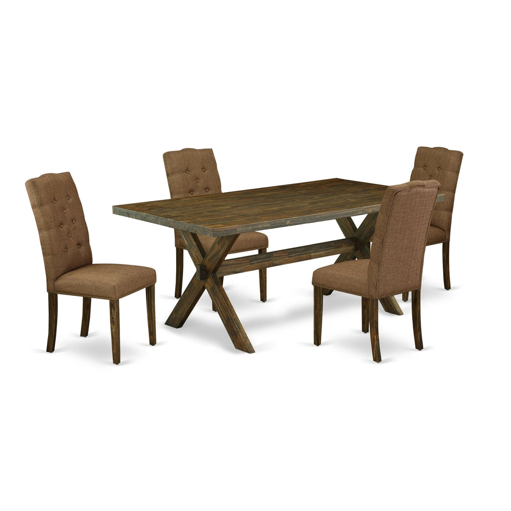 East West Furniture X777EL718-5 5 Piece Kitchen Table Set Includes a Rectangle Dining Room Table with X-Legs and 4 Brown Linen Linen Fabric Parson Dining Chairs