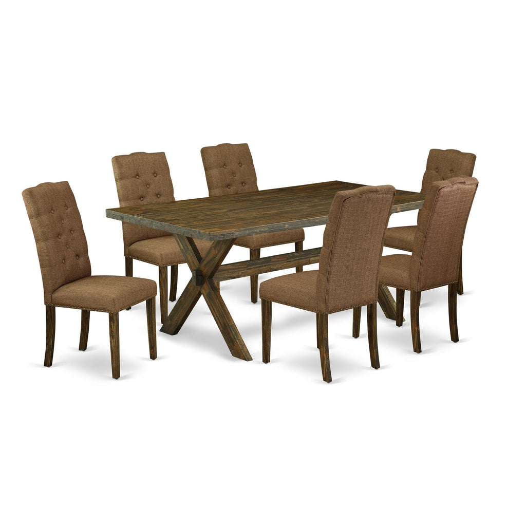 East West Furniture X777EL718-7 7 Piece Dining Room Furniture Set Consist of a Rectangle Dining Table with X-Legs and 6 Brown Linen Linen Fabric Parson Chairs