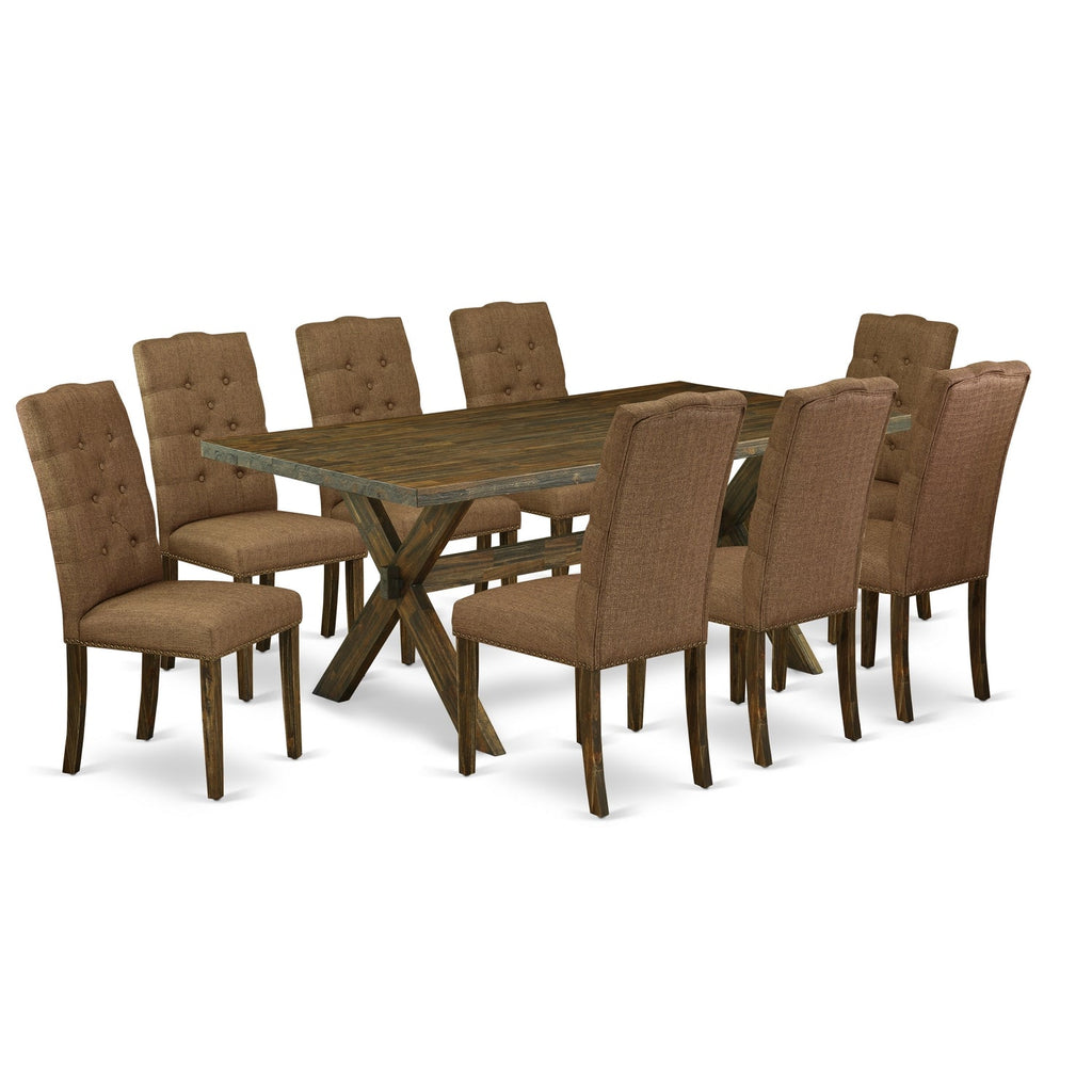 East West Furniture X777EL718-9 9 Piece Kitchen Table Set Includes a Rectangle Dining Table with X-Legs and 8 Brown Linen Linen Fabric Parson Dining Room Chairs, 40x72 Inch, Multi-Color