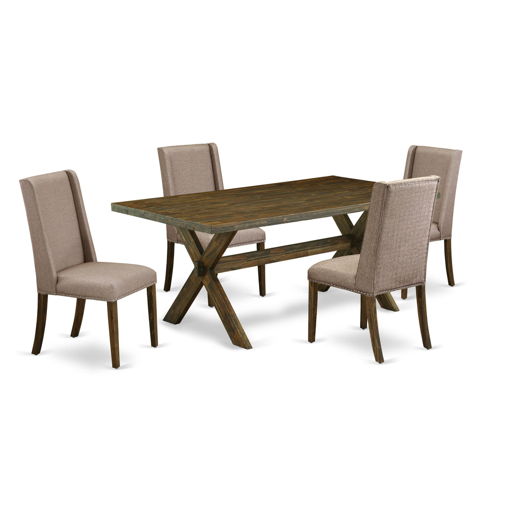 Juego de comedor de 5 piezas East West Furniture X777FL716-5. Incluye una mesa de comedor rectangular con patas en forma de X y 4 sillas Parson tapizadas en tela de lino color caqui oscuro.