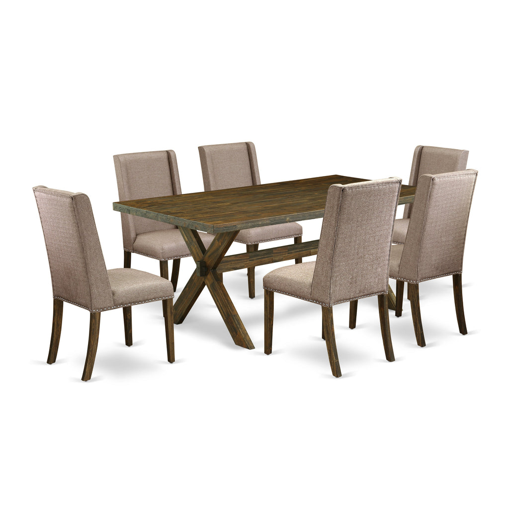 East West Furniture X777FL716-7 7 Piece Dining Room Table Set Consist of a Rectangle Dining Table with X-Legs and 6 Dark Khaki Linen Fabric Upholstered Chairs