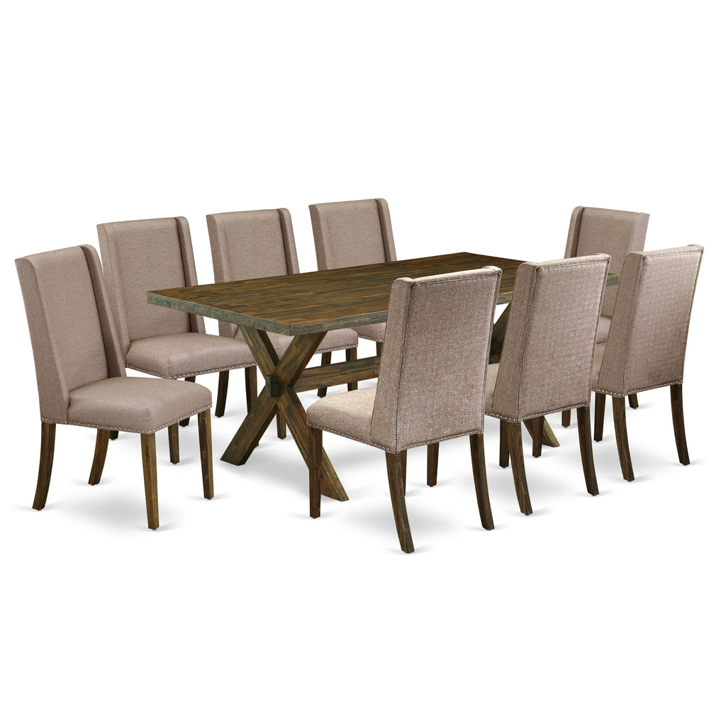 El juego de mesa de comedor East West Furniture X777FL716-9 de 9 piezas incluye una mesa de comedor rectangular con patas en forma de X y 8 sillas Parsons de tela de lino color caqui oscuro.