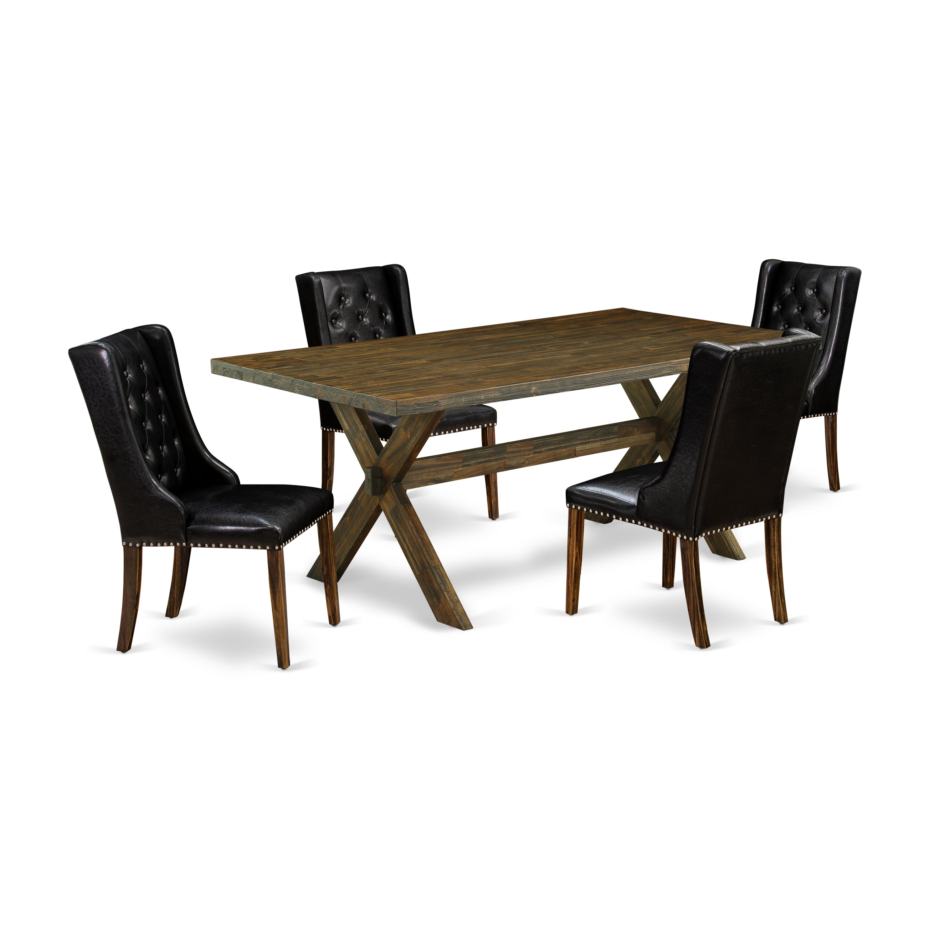 East West Furniture X777FO749-5 5 Piece Dining Table Set - 4 Black Pu faux Leather Dining Chairs Button Tufted with Nail heads and Wooden Dining Table - Distressed Jacobean Finish