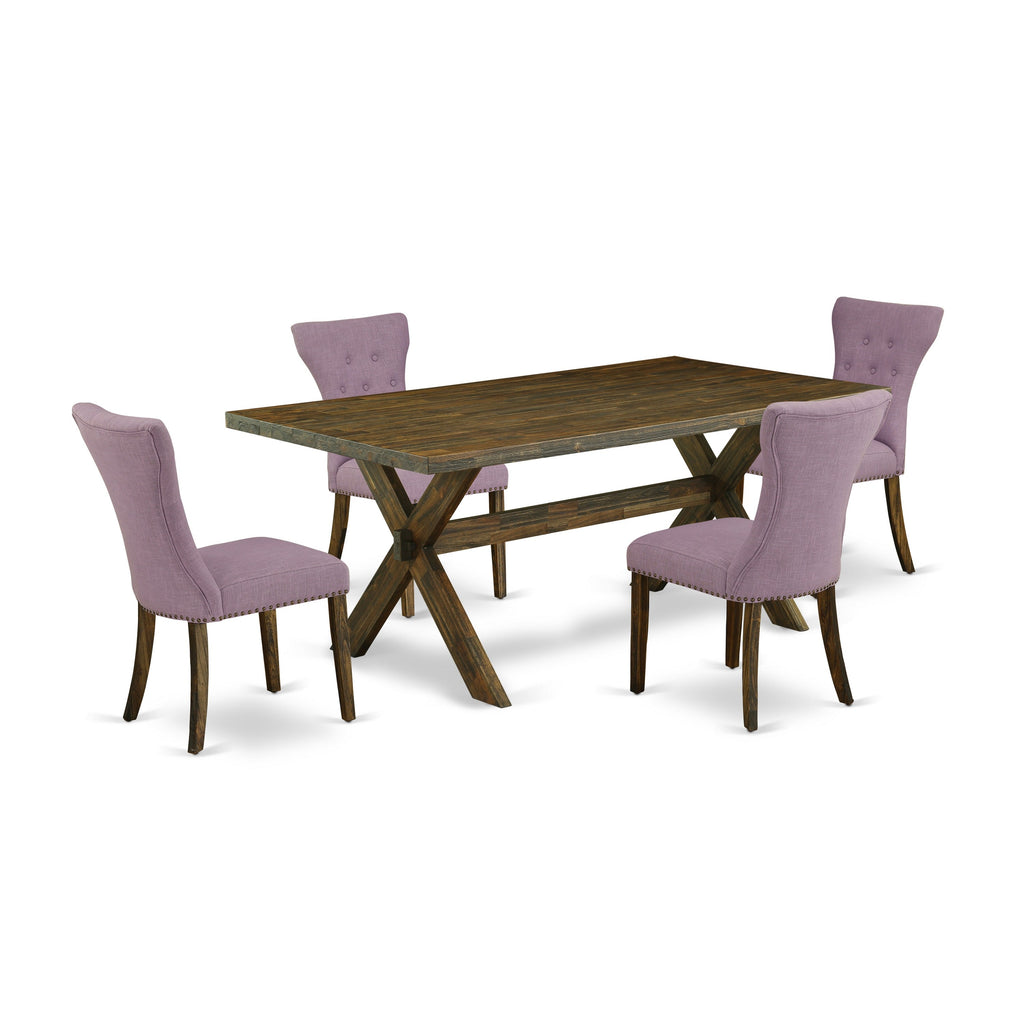 Juego de comedor de 5 piezas East West Furniture X777GA740-5. Incluye una mesa de comedor rectangular con patas en forma de X y 4 sillas tapizadas en tela de lino Dahlia.