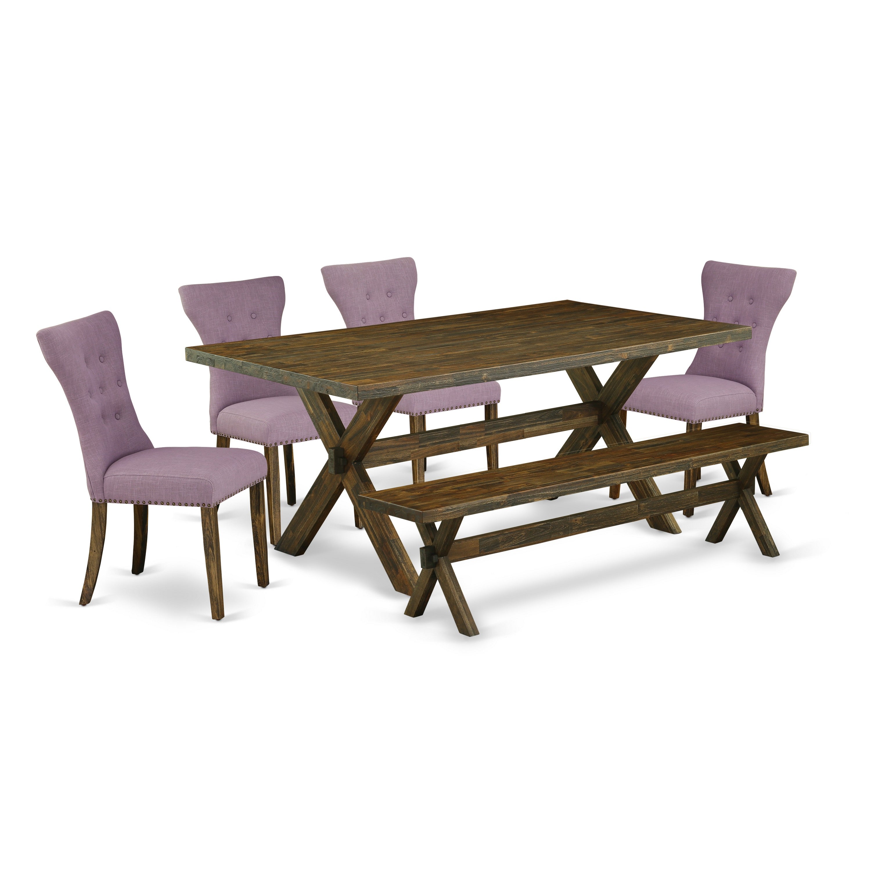 East West Furniture X777GA740-6 6 Piece Dining Set Contains a Rectangle Dining Room Table with X-Legs and 4 Dahlia Linen Fabric Parson Chairs with a Bench