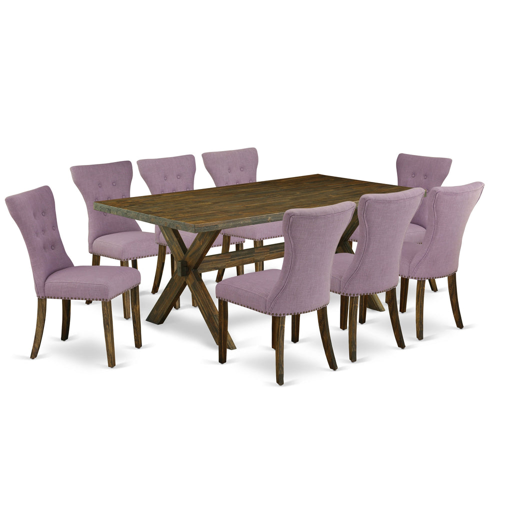 East West Furniture X777GA740-9 9 Piece Dining Table Set Includes a Rectangle Dining Room Table with X-Legs and 8 Dahlia Linen Fabric Upholstered Parson Chairs, 40x72 Inch, Multi-Color