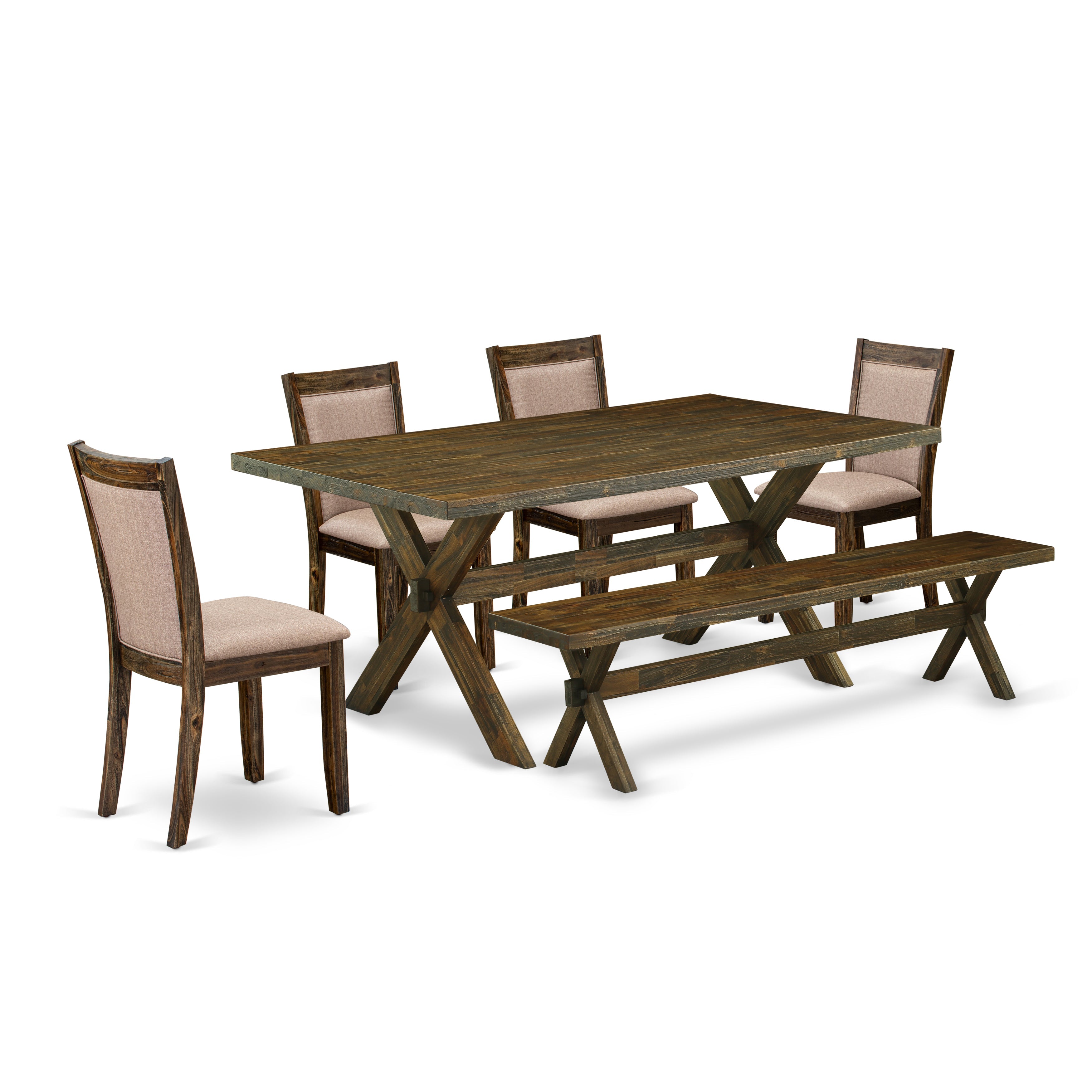 East West Furniture X777MZ716-6 6 Piece Dinette Set- A Distressed Jacobean Top Modern Dining Table in Trestle Base with Bench and 4 Dark Khaki Linen Fabric Dining Chairs - Distressed Jacobean Finish