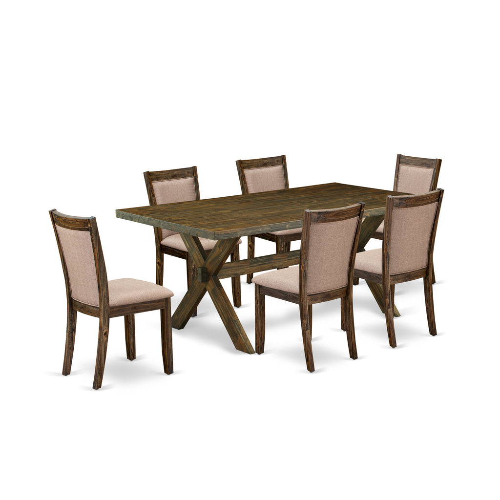 East West Furniture X777MZ716-7 7 Piece Dining Set Consist of a Rectangle Dining Room Table with X-Legs and 6 Dark Khaki Linen Fabric Upholstered Parson Chairs