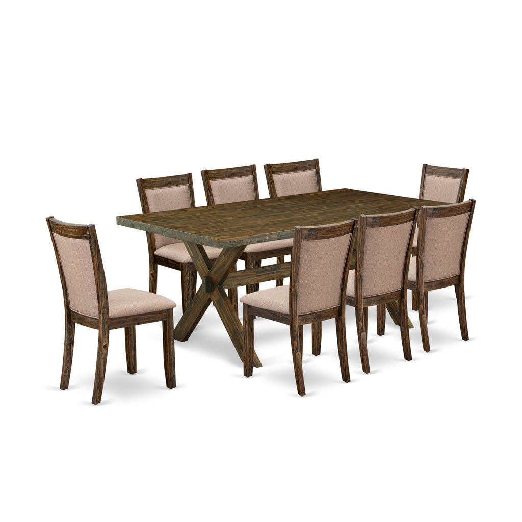 East West Furniture X777MZ716-9 9 Piece Dining Room Set Includes a Rectangle Dining Table with X-Legs and 8 Dark Khaki Linen Fabric Upholstered Chairs