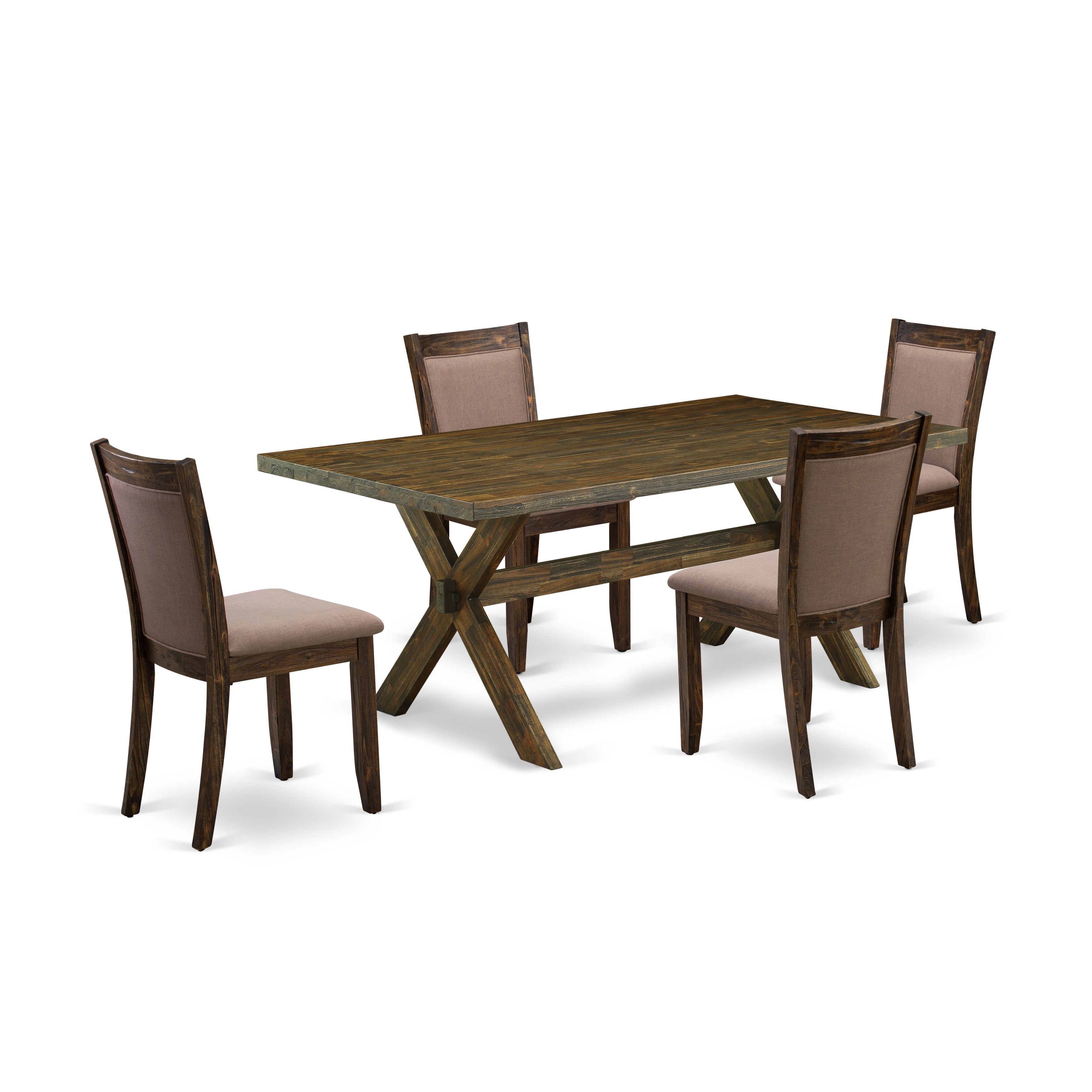 East West Furniture X777MZ748-5 5 Piece Dinning Table Set - A Distressed Jacobean Top Dining Table with Trestle Base and 4 Coffee Linen Fabric Rustic Dining Chairs - Distressed Jacobean Finish