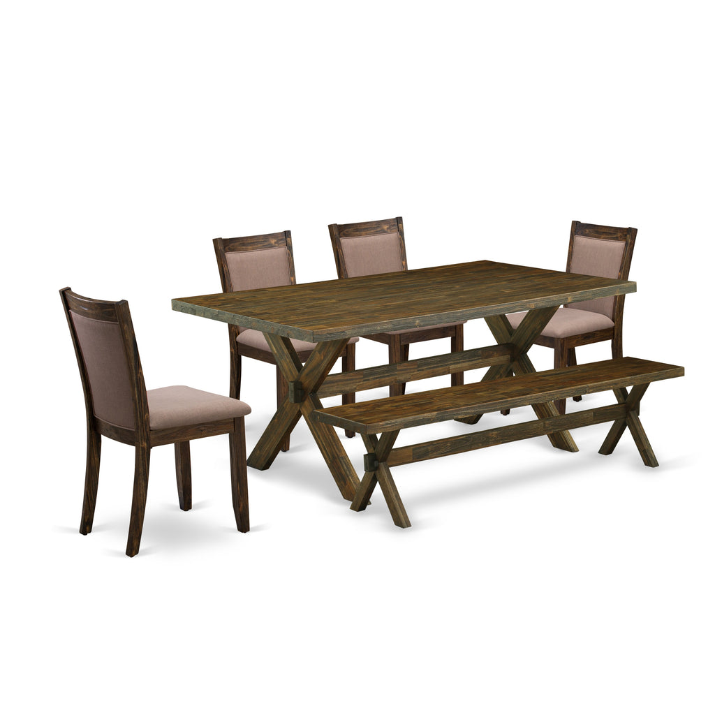 Juego de mesa de comedor moderna de 6 piezas East West Furniture X777MZ748-6. Contiene una mesa rectangular de madera con patas en forma de X y 4 sillas Parson de tela de lino color café con un banco.