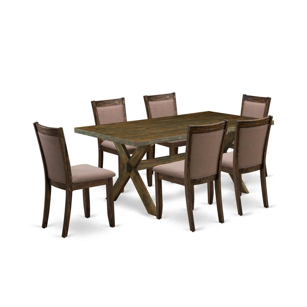 East West Furniture X777MZ748-7 7 Piece Dinette Set Consist of a Rectangle Dining Room Table with X-Legs and 6 Coffee Linen Fabric Parsons Dining Chairs, 40x72 Inch, Multi-Color