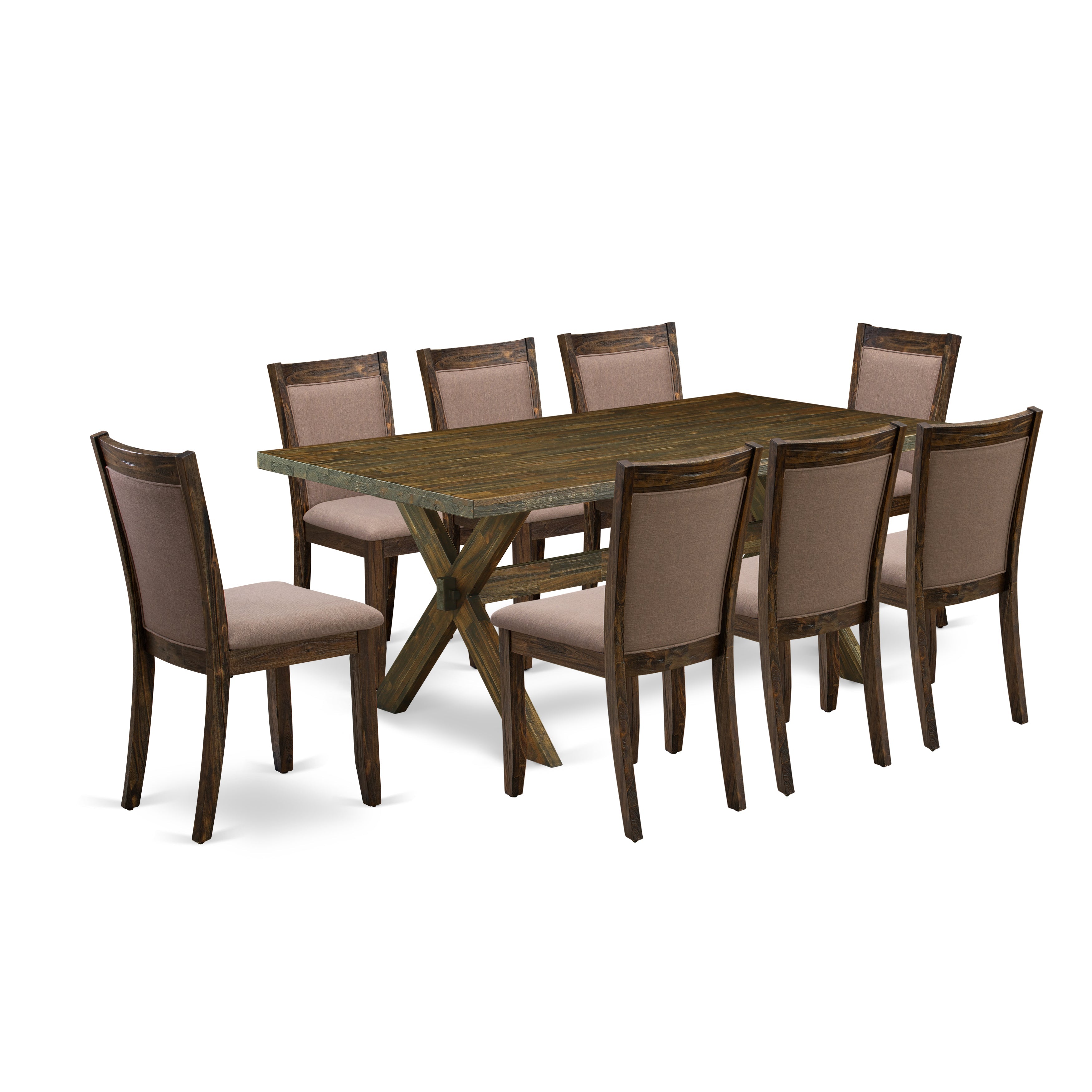 East West Furniture X777MZ748-9 9 Piece Kitchen Table Set - A Distressed Jacobean Top Kitchen Table with Trestle Base and 8 Coffee Linen Fabric Dinner Chairs - Distressed Jacobean Finish
