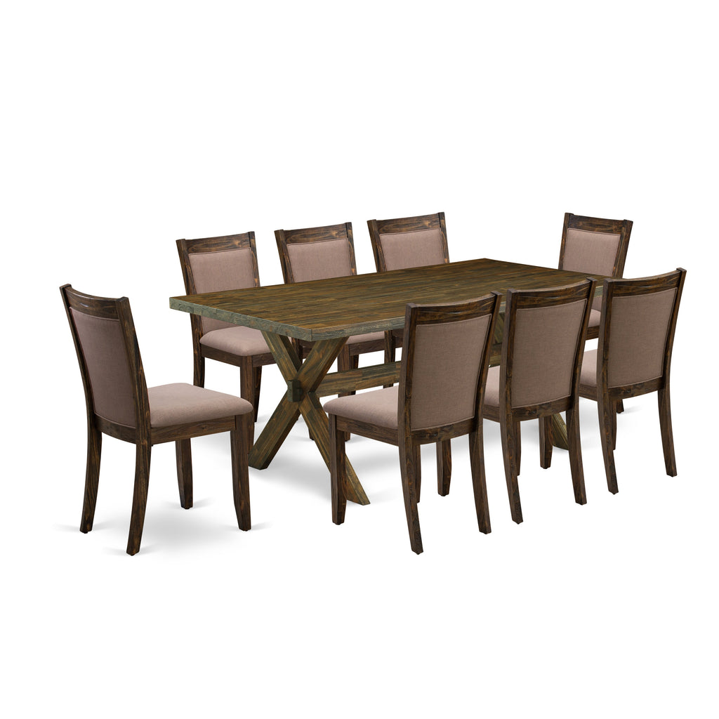 Juego de comedor de 9 piezas East West Furniture X777MZ748-9. Incluye una mesa de comedor rectangular con patas en forma de X y 8 sillas tapizadas en tela de lino color café.