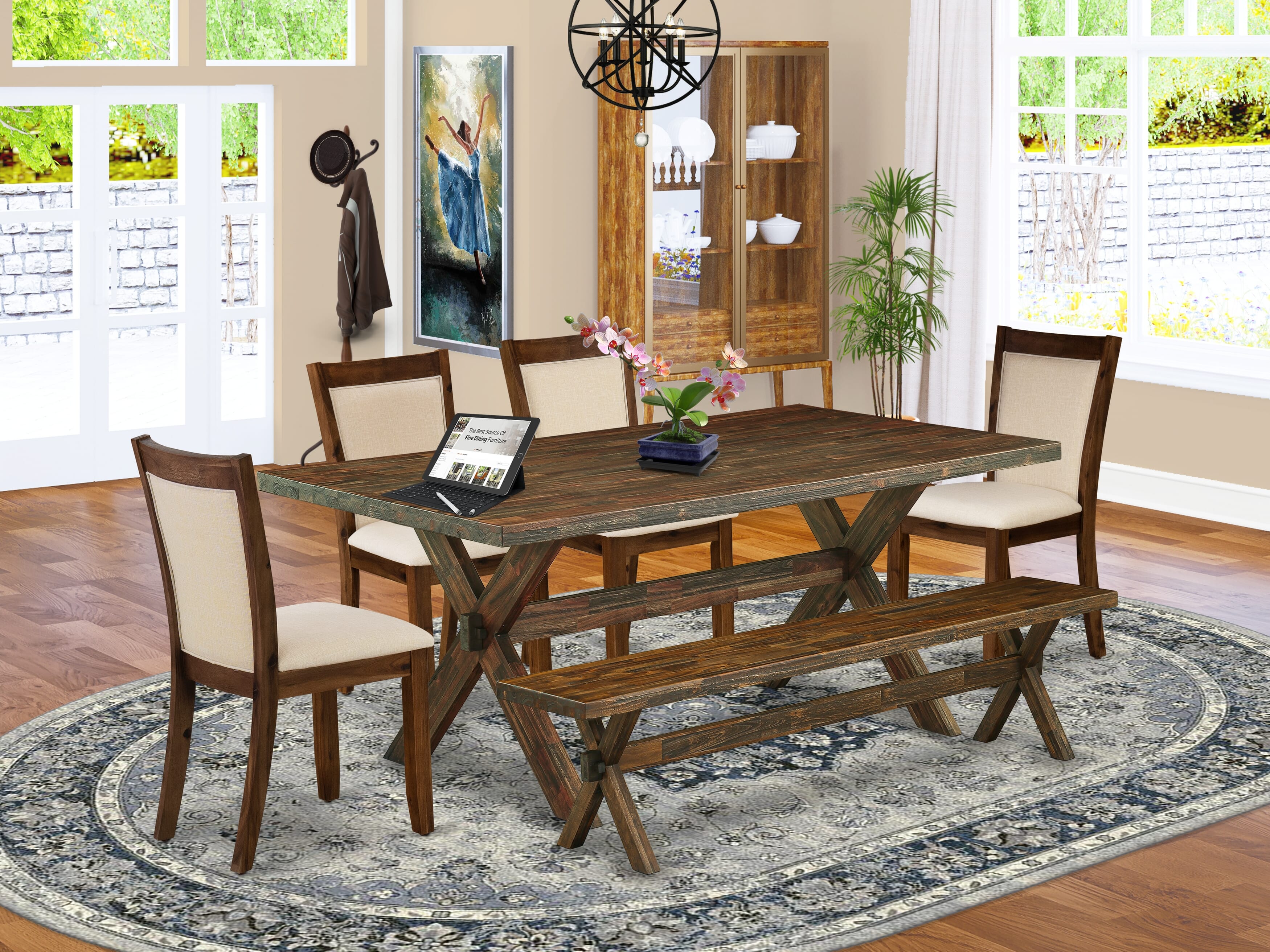 East West Furniture X777MZN32-6 6-Pc Mid Century Dining Set Consists of a Wood Table and a Dinner Bench with 4 Light Beige Linen Fabric Padded Chairs with Stylish Back - Distressed Jacobean Finish
