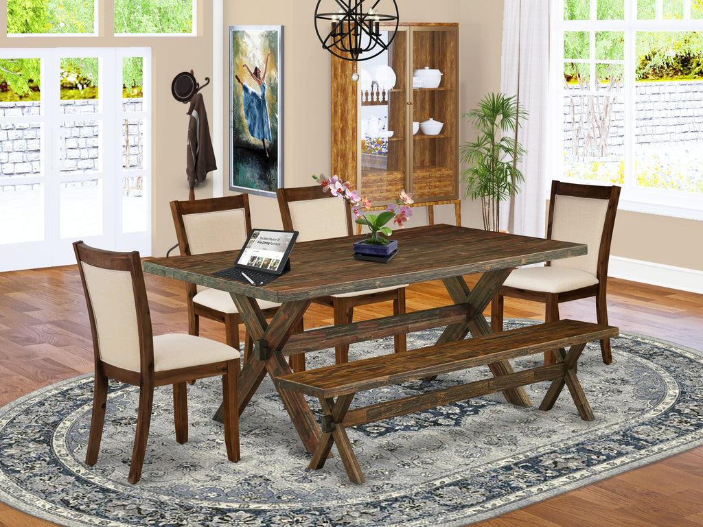 East West Furniture X777MZN32-6 6 Piece Dining Table Set Contains a Rectangle Kitchen Table with X-Legs and 4 Light Beige Linen Fabric Parson Chairs with a Bench