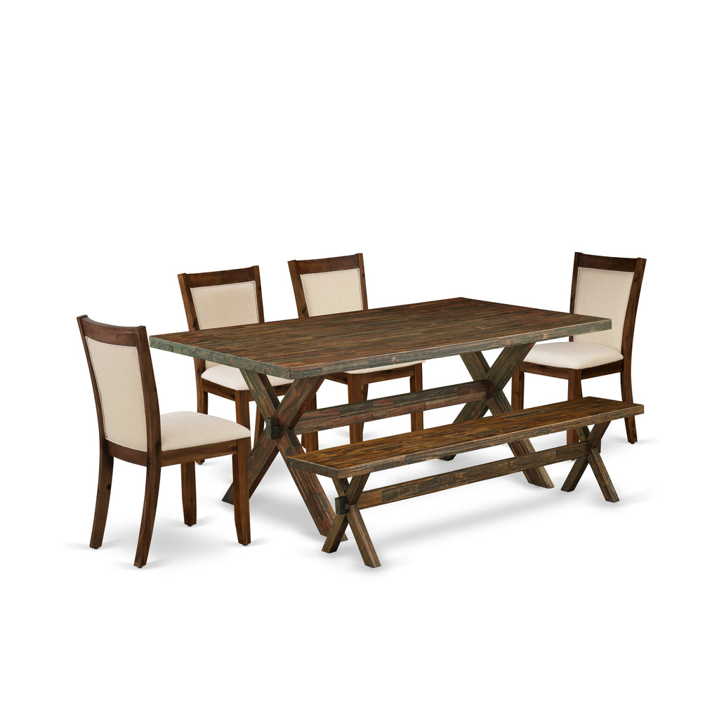 East West Furniture X777MZN32-6 6 Piece Dining Table Set Contains a Rectangle Kitchen Table with X-Legs and 4 Light Beige Linen Fabric Parson Chairs with a Bench