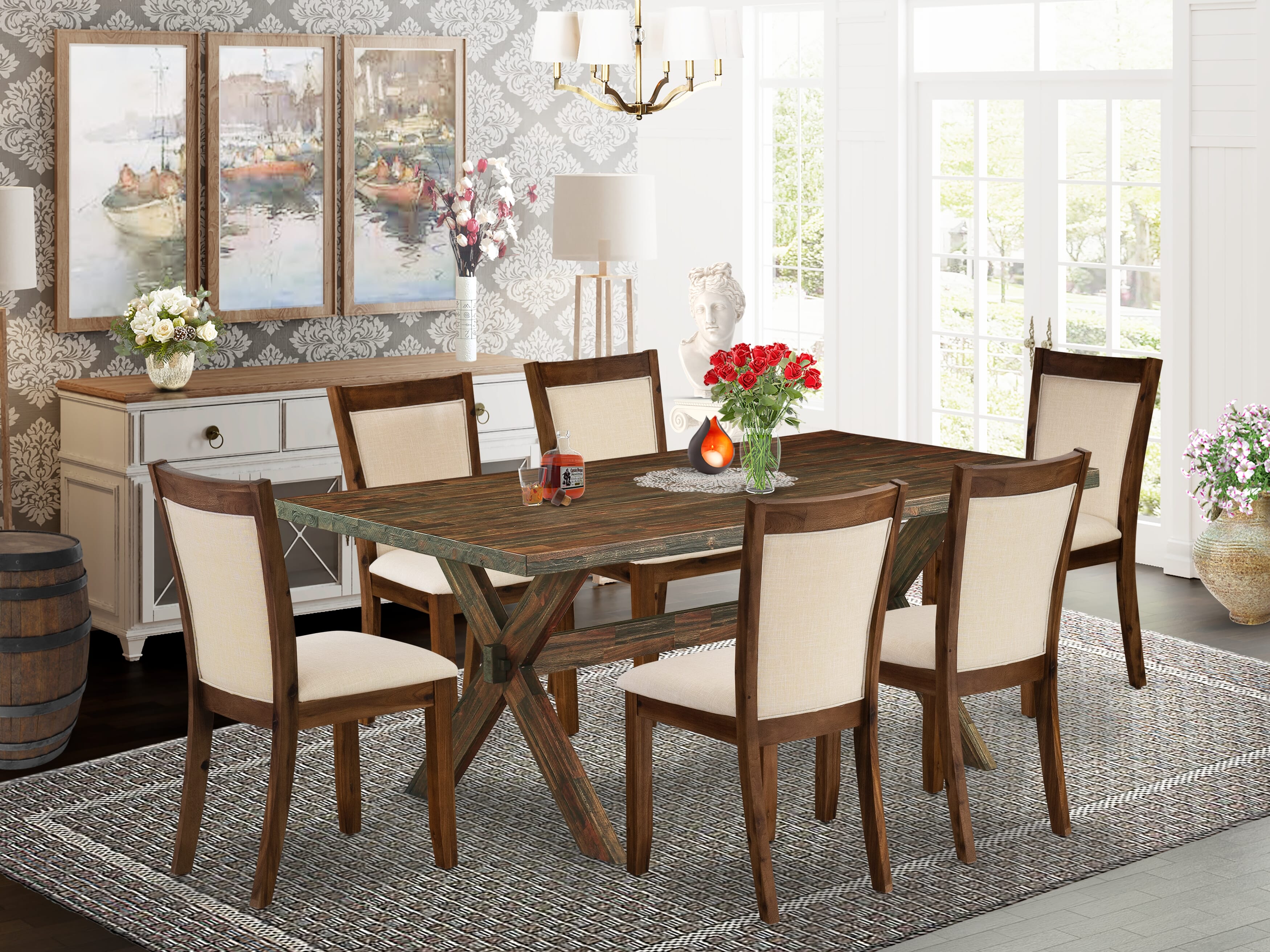 East West Furniture X777MZN32-7 7-Piece Dining Table Set Contains a Wooden Table and 6 Light Beige Linen Fabric Mid Century Dining Chairs with Stylish Back - Distressed Jacobean Finish