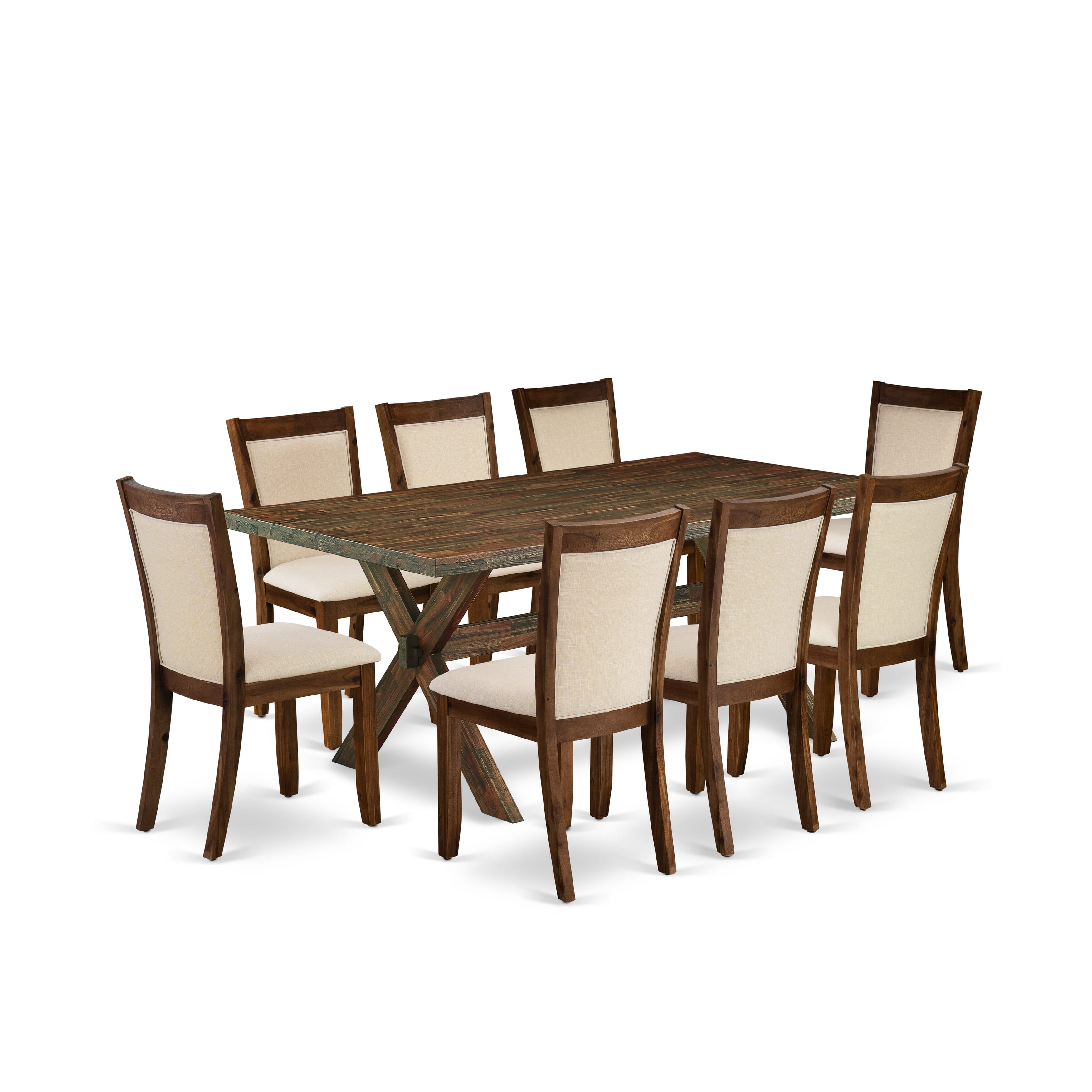 East West Furniture X777MZN32-9 9-Pc Kitchen Table Set Includes a Wooden Dining Table and 8 Light Beige Linen Fabric Mid Century Dining Chairs with Stylish Back - Distressed Jacobean Finish