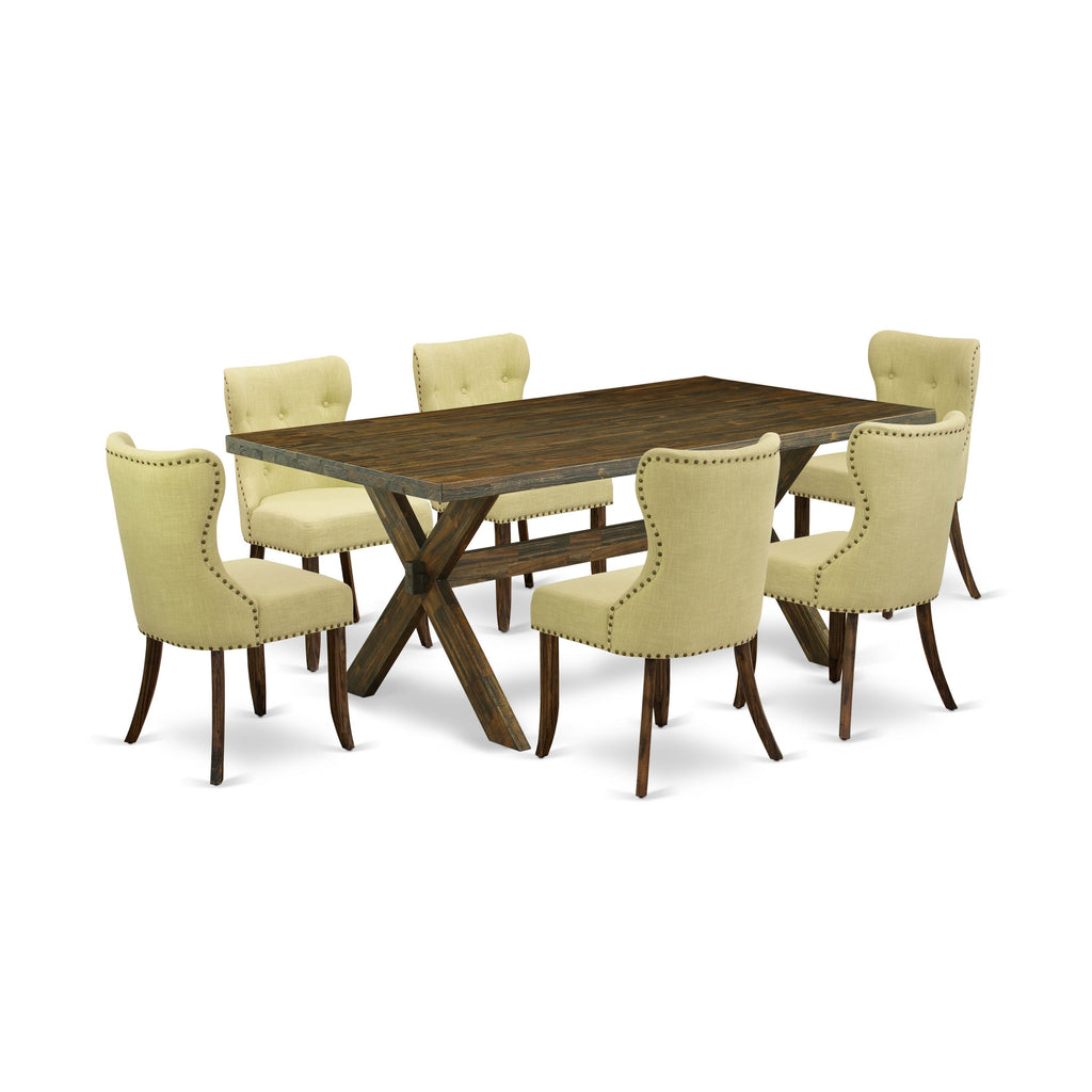 East West Furniture X777SI737-7 7 Piece Modern Dining Table Set Consist of a Rectangle Wooden Table with X-Legs and 6 Limelight Linen Fabric Upholstered Chairs, 40x72 Inch, Multi-Color