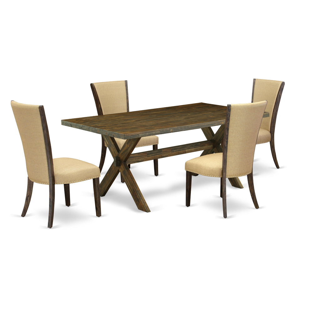 Juego de comedor de 5 piezas East West Furniture X777VE703-5. Incluye una mesa de comedor rectangular con patas en forma de X y 4 sillas Parson tapizadas en tela de lino marrón.