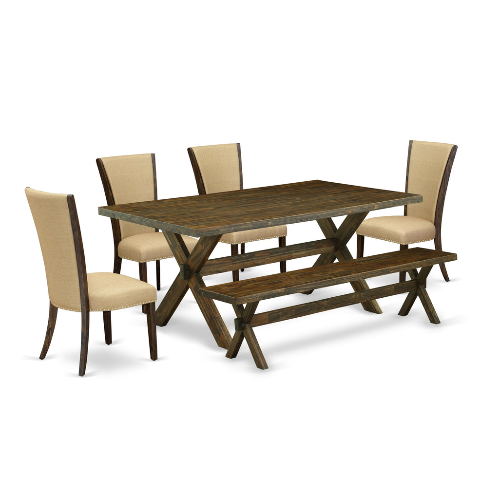 East West Furniture X777VE703-6 6 Piece Dining Set Contains a Rectangle Dining Room Table with X-Legs and 4 Brown Linen Fabric Parson Chairs with a Bench