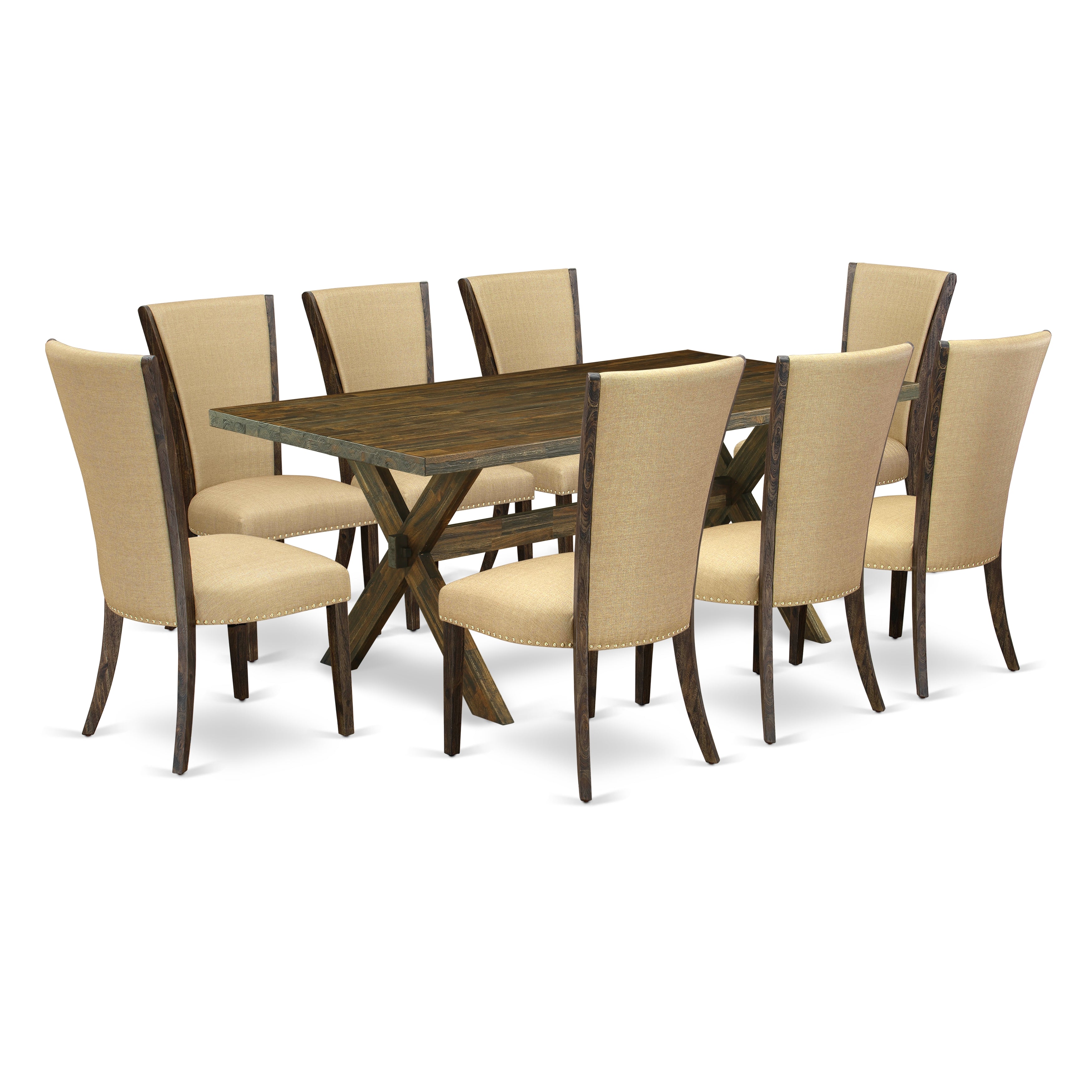 East West Furniture X777VE703-9 9Pc Dining Table Set Includes a Kitchen Table and 8 Upholstered Dining Chairs with Brown Color Linen Fabric, Medium Size Table with Full Back Chairs, Distressed Jacobean Finish