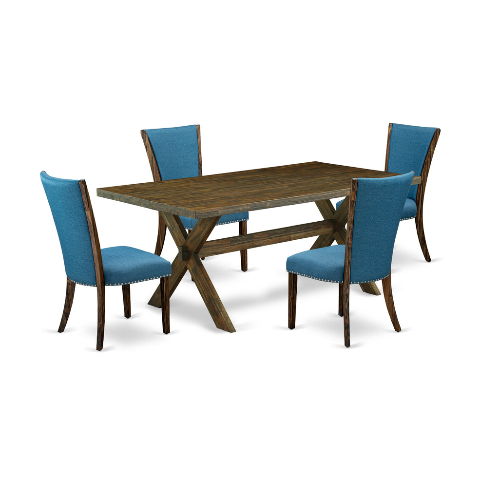 East West Furniture X777VE721-5 5 Piece Dining Table Set Includes a Rectangle Dining Room Table with X-Legs and 4 Blue Color Linen Fabric Parsons Chairs