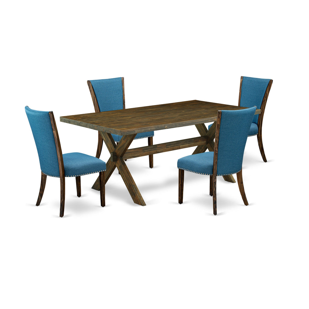 East West Furniture X777VE721-5 5 Piece Dining Table Set Includes a Rectangle Dining Room Table with X-Legs and 4 Blue Color Linen Fabric Parsons Chairs, 40x72 Inch, Multi-Color